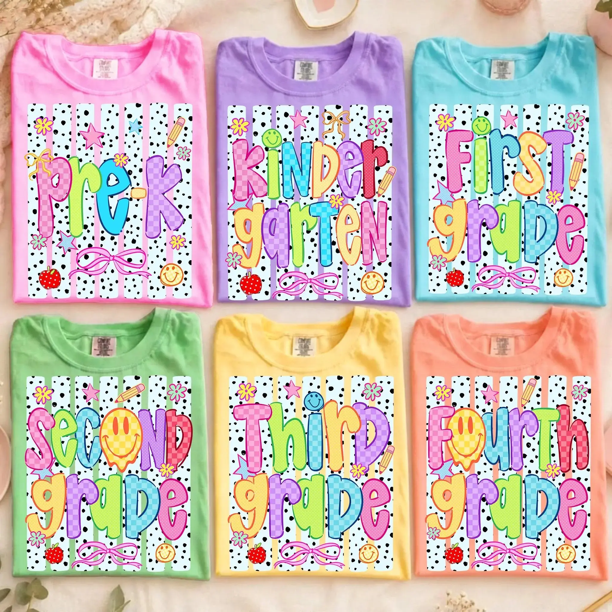 Neon Striped Back To School Smiley Face Shirt, Comfort Colors Checkered Teacher Tee, Pre-K To Fourth Grade Apparel, Colorful School Grade Tshirt, Teacher Coquette Wear