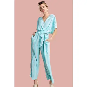 Kori Striped Belted Casual Crop Jumpsuit - Mint Emerald