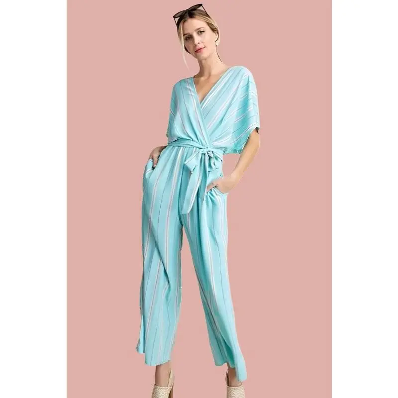 Kori Striped Belted Casual Crop Jumpsuit - Mint Emerald