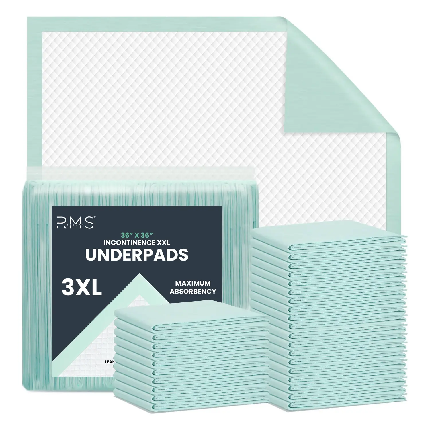 RMS Brands XXL Quilted Disposable Underpads, 36x36 in (125g) - Medical Grade Impermeable Odor-Free Incontinence Bed Pads for Adults, Puppy Pads