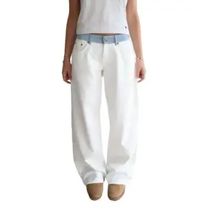 White Jeans with Blue Stripes Waistband With Poppers at the Side of the Waistband Straight Cigarette Pants Loose and Comfortable Women's
