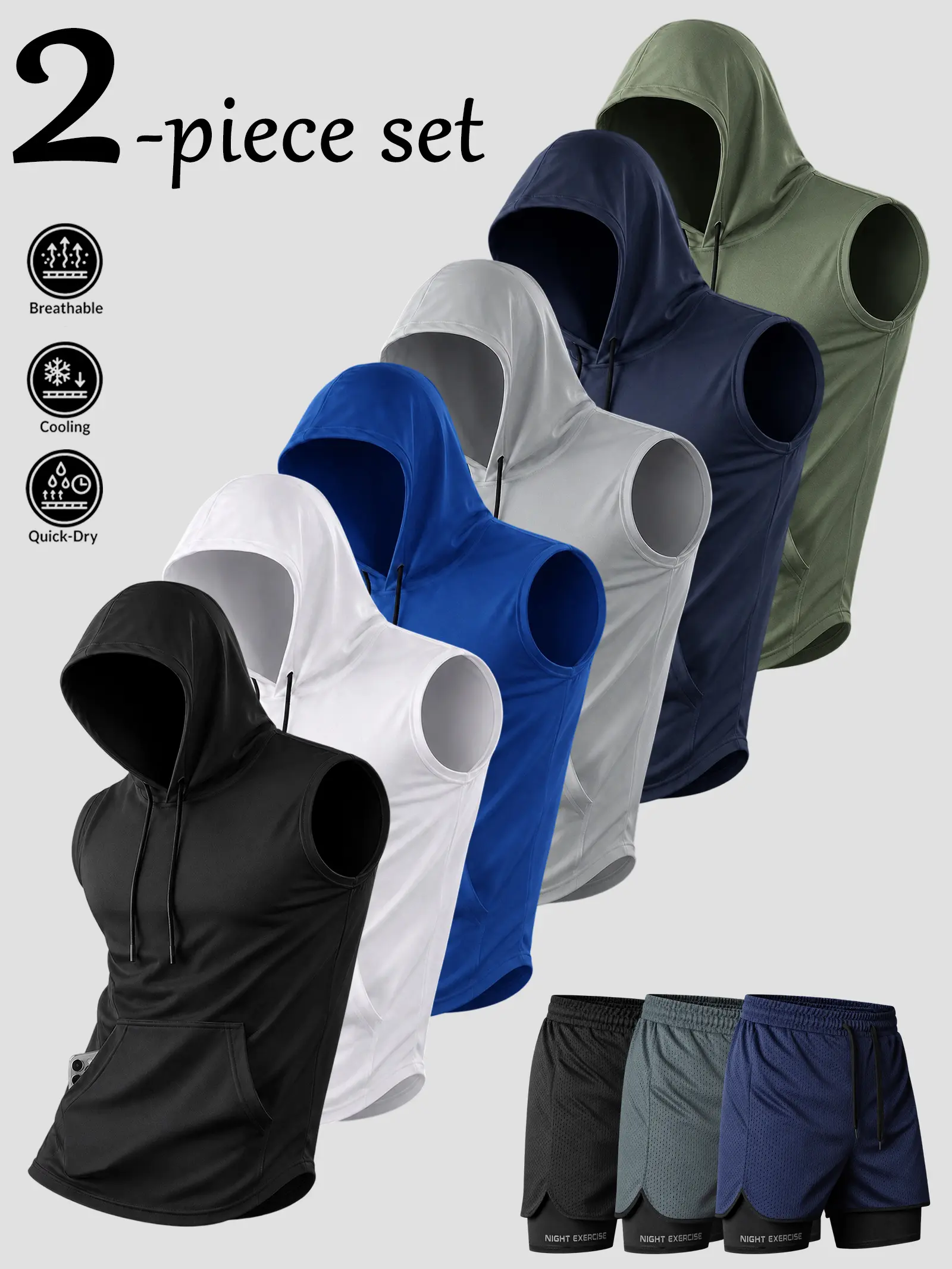6-Color Men's Workout Sets Gym Vibe Sleeveless Hoodies and 2-in-1 Shorts Quick Dry Moisture Wicking Athletic Outfits Hooded Tank Tops Mesh Training Shorts Running Tracksuit Performance Pack Sports Suit Everyday Activewear Phone Pocket Coords