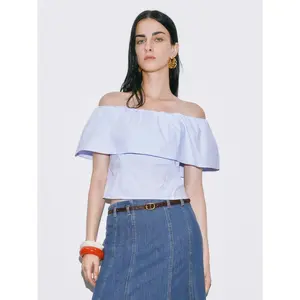 URBAN REVIVO 2026 Spring New Arrival Women's Stylish Ruffled Off-the-Shoulder Overlay Blouse UWM250096 Overhead ShirtsWomensWear