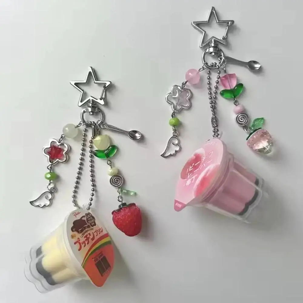 Japanese Pudding Keychain Pink Yellow Egg Flan Charm Y2K Heisei Retro Aesthetic Beaded Cosplay Accesseries