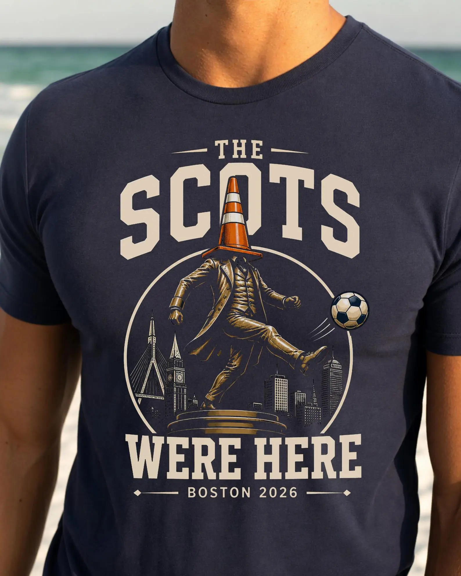Scotland Fans Boston 2026 Shirt – Funny Scottish Tee – Tartan Army Travel Top – Orange Cone Statue Prank Shirt – Soccer Futbol Travel Gift
