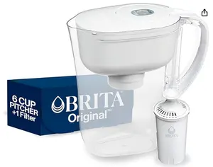Brita Water Filter Pitcher for Tap and Drinking Water with 1 Standard Filter, Lasts 2 Months, 6-Cup Capacity, BPA Free, White