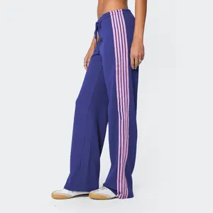 Women’s drawstring sweatpants with side stripes, elastic waistband, casual pull-on long pants — women’s bottoms for outdoor wear, polyester