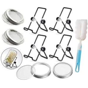 4 Pack Sprouting Jar Lid (32oz Glass Jars) with 4 Pack Stainless Steel Sprouting Stands for Wide and Wide Mouth Mason Jar for Growing Organic Sprouts(Excluding bottles)