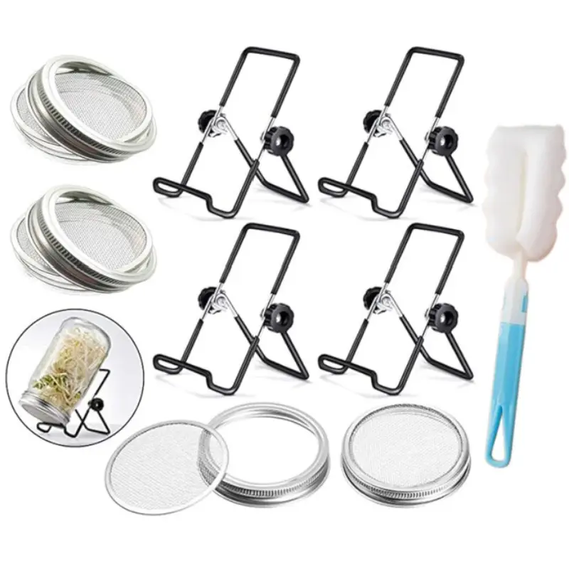 4 Pack Sprouting Jar Lid (32oz Glass Jars) with 4 Pack Stainless Steel Sprouting Stands for Wide and Wide Mouth Mason Jar for Growing Organic Sprouts(Excluding bottles)