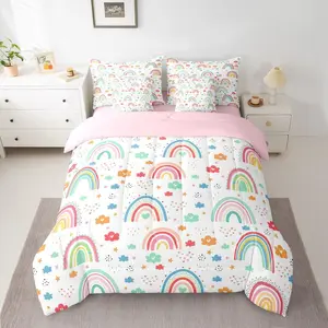 Cute Rainbow 7 Piece Bedding Set Lovely Rainbows Comforter Set with Sheets Multicolor Bed in a Bag with Comforter,Sheets,Pillowcases & Cushion Cover Flower
