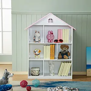 Children’s toy dollhouse with book storage compartment.