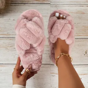 CrisscrossFluffyHomeWarmSlippers,SoftSoleBedroomPlushLinedCozyShoes,Non-slipFloorMuteShoes