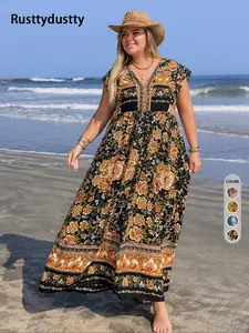 【Plus Size】 Floral Print V Neck Maxi Dress, Boho Fashion Casual Short Sleeve Dress for Daily Holiday Vacation Wear, Women Bohemian Clothing for All Seasons, Bohemian Sundress
