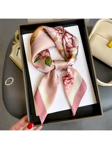 Pink rose printed silk scarf square bandana spring summer thin shawl versatile neckerchief hair band headscarf for women