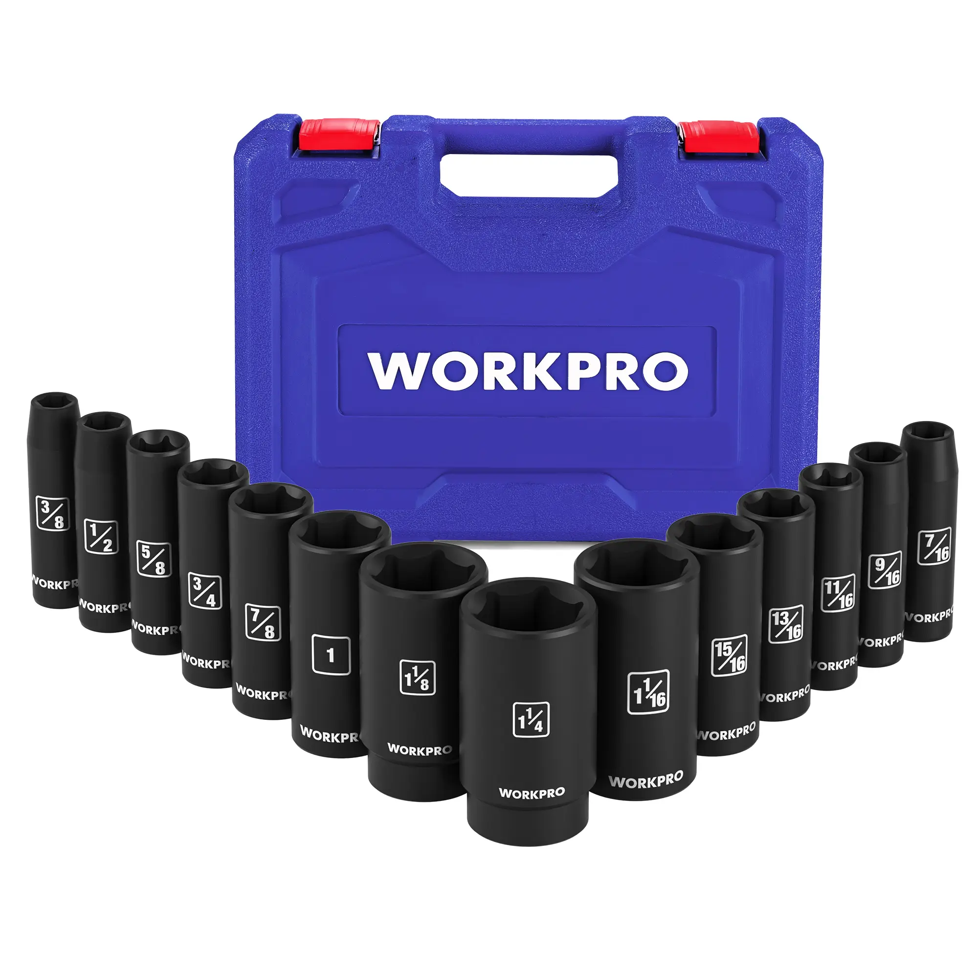 WORKPRO 14-Piece 1/2＂ Drive Deep Impact Socket Set, 6-Point Impact Deep Socket Set with Heavy Duty Storage Case for Automotive and Mechanical Repairs, Cr-V Steel