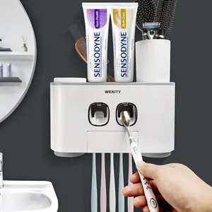 Toothbrush Holder Wall Mounted, Multi-Functional Toothbrush and Toothpaste Dispenser for Bathroom, with 5 Toothbrush Slots, 2 Toothpaste Squeezers and 4 Cups(Grey)