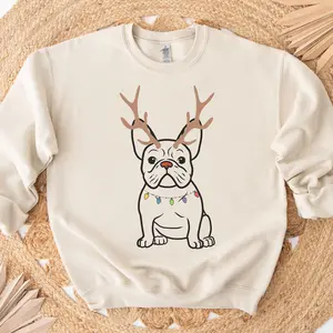 French Bulldog Christmas Unisex Cotton Sweatshirt, Frenchie Lover Pullover Crewneck, Funny French Bulldog Gift For Her