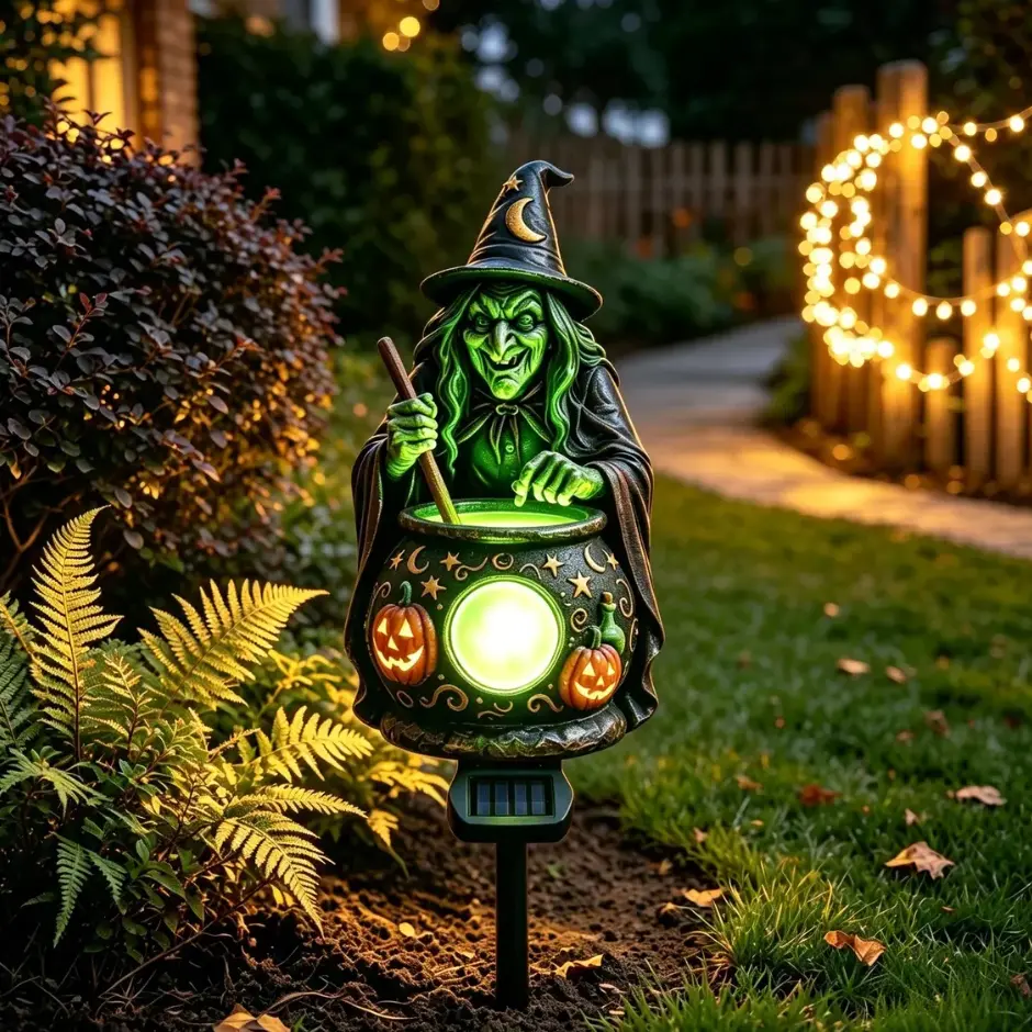 Solar Halloween Witch Stake Lights - Outdoor Waterproof Garden Decor Path Markers with Spooky Green Witch, Glowing Cauldron, Pumpkins, Halloween Party Supplies, Gift-Worthy Flower Sculpture