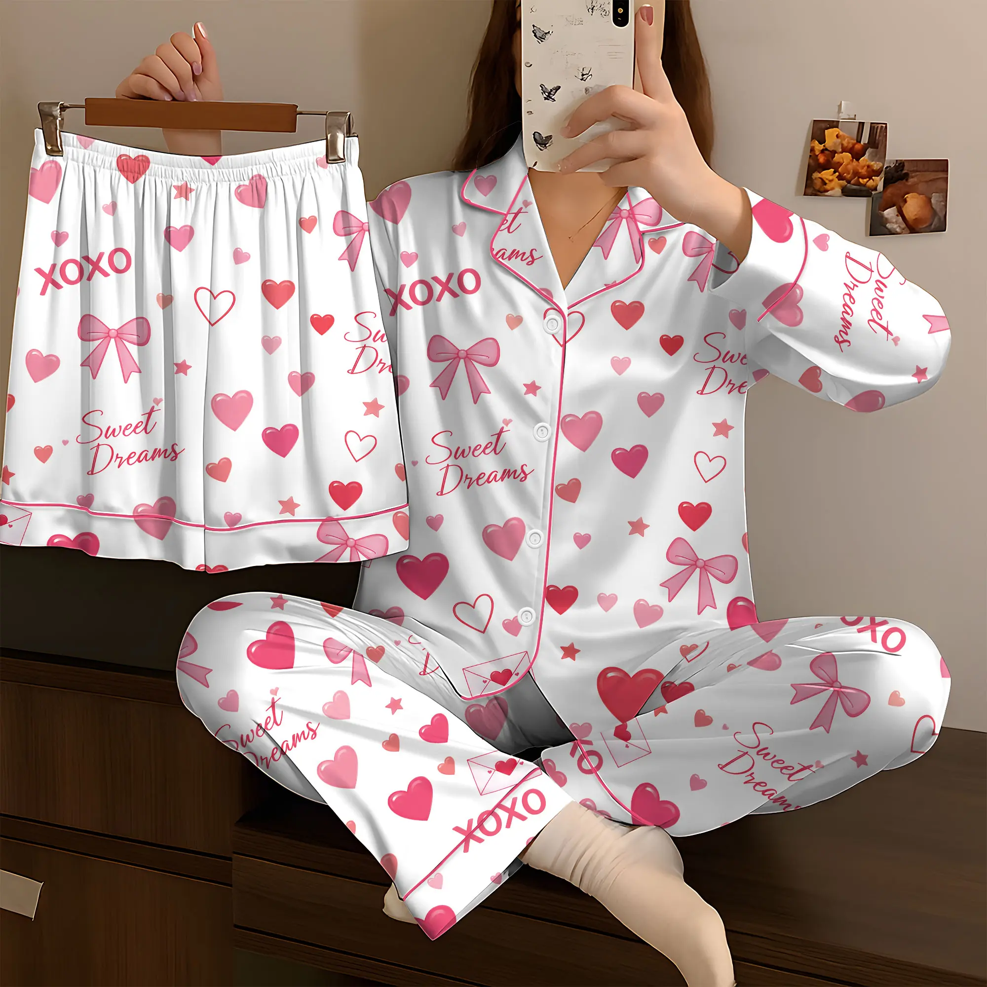 Valentine Heart Satin Pajama Set, Pink XOXO Button Up Sleepwear, Romantic Cozy PJs Gift for Her