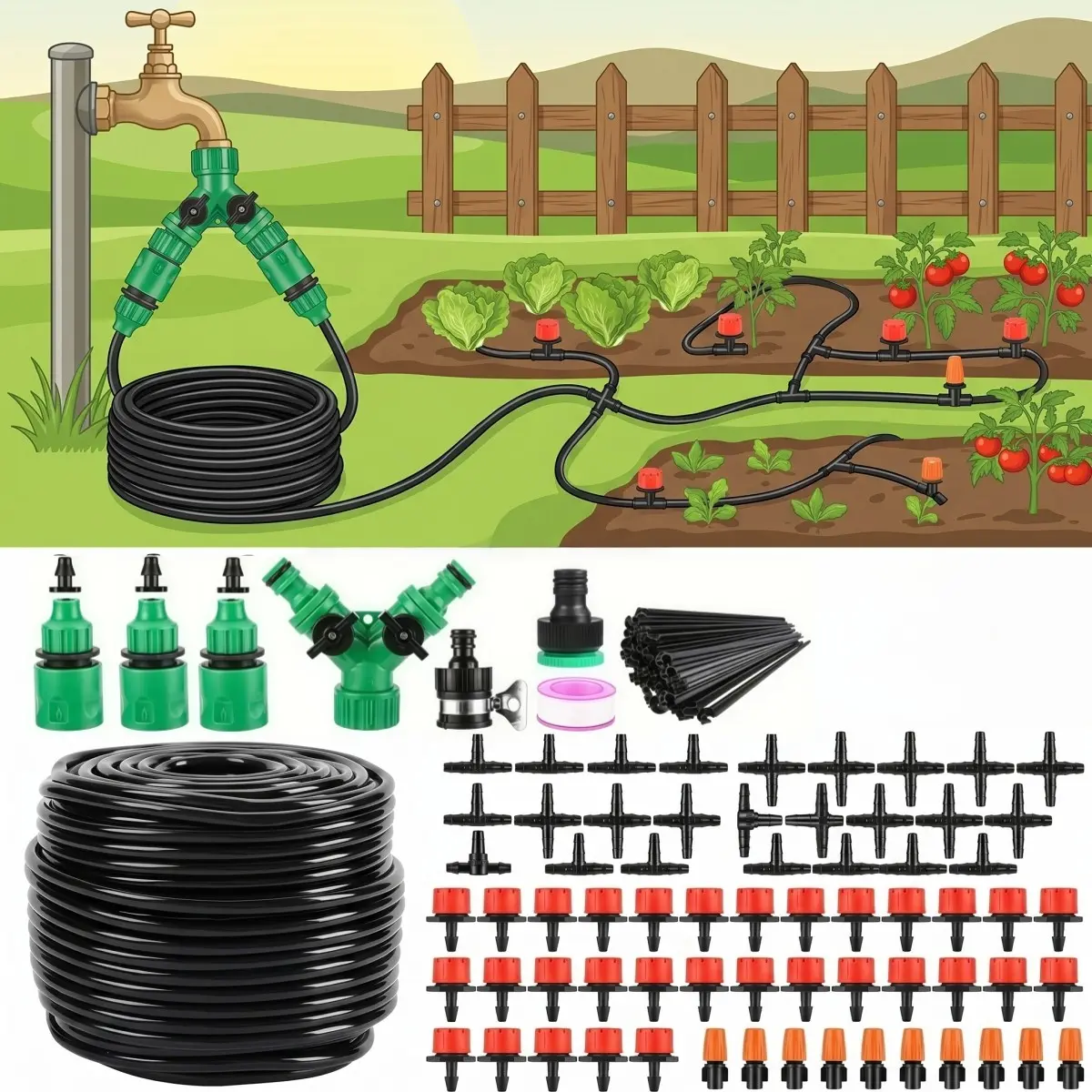 Automatic micro-drip irrigation system, atomizing nozzle set with 49.2FT-164FT water pipe adjustable sprinkler, garden hose and threaded garden hose, Spray Nozzles For Garden Hose -no battery required.