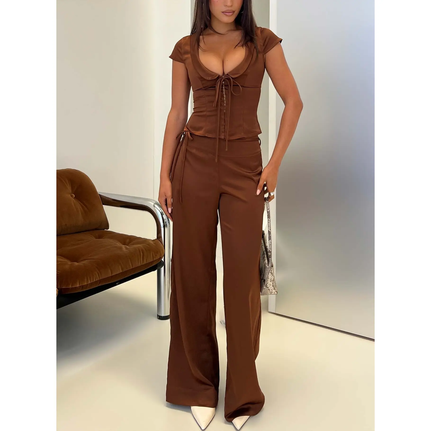 Aubrette Satin Tie Pants Chocolate