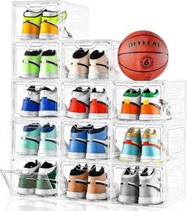 12 Pack Thicken & Sturdy Clear Shoe Storage Organizer with  Door, Shoe Boxes Clear Plastic Stackable for Closet, Shoe Rack for Sneaker Boot Container, Shoe Cabinet Fit up to  Size 12