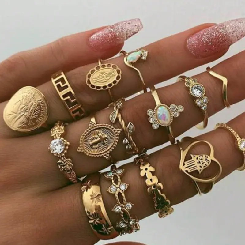 15-Piece Vintage-Inspired Gold Coin Cross Pattern Ring Set Vintage Rings Jewelry Statement Multi Ring Elegant, Exquisite and Fashionable Rings Festive Gift