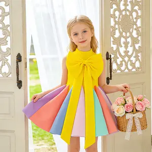6110 Girls Bow Patchwork Ball Gow Baptism Birthday Prom Party Elegant Wedding Princess Dress Piano Host Performance Evening Costume