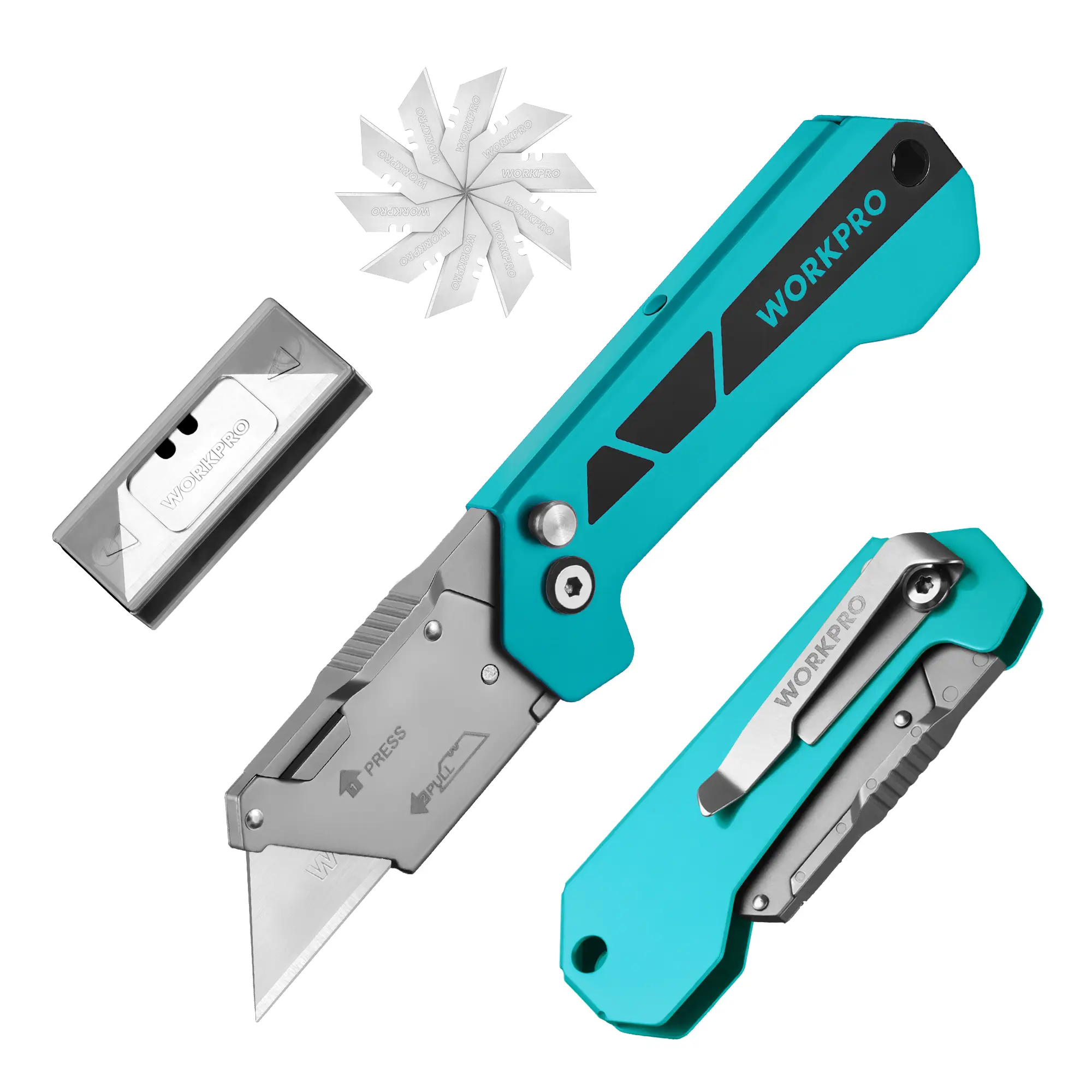 WORKPRO 2 In Fixed-Handle Utility Box Cutter, Quick-Change Blade Razor Knife with Axis Lock, Belt Clip & ABS Plastic Construction, 10 Extra Blades Included