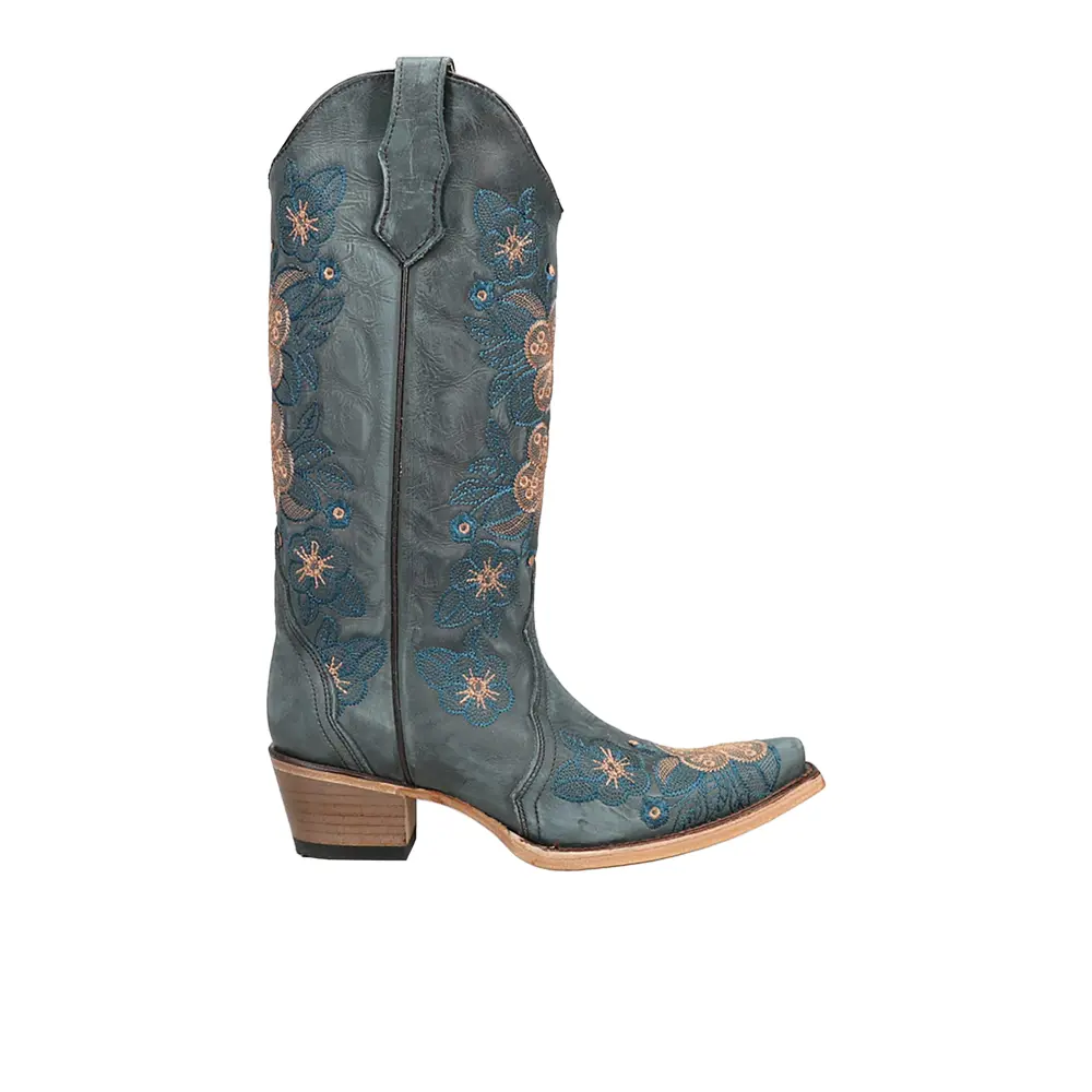 Corral Boots Womens Floral Embroidered Pull On Snip Toe  Casual Boots Mid Calf Mid Heel 2-3" - Blue