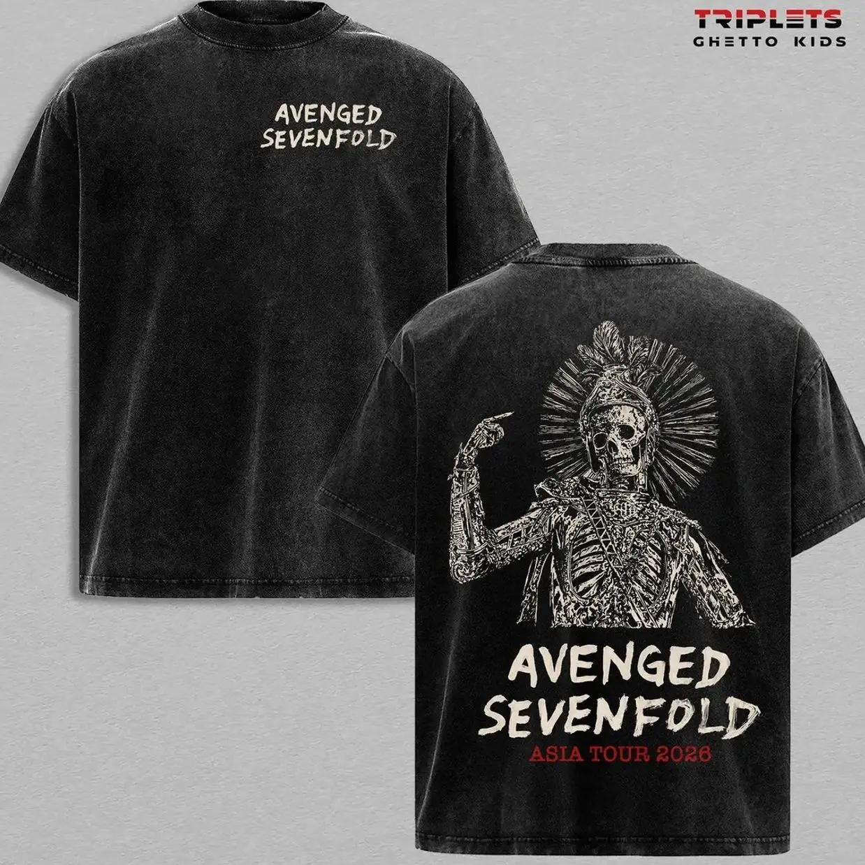 Avenged Sevenfold Washed T-Shirt, A7X Asia Tour 2026 Tee, Vintage Acid Wash Band Shirt, Skull Graphic Back Print, Heavy Metal Streetwear, Oversized Unisex Grunge Tee, Rock Music Merch Gift, Distressed Black Cotton T-Shirt PJ6