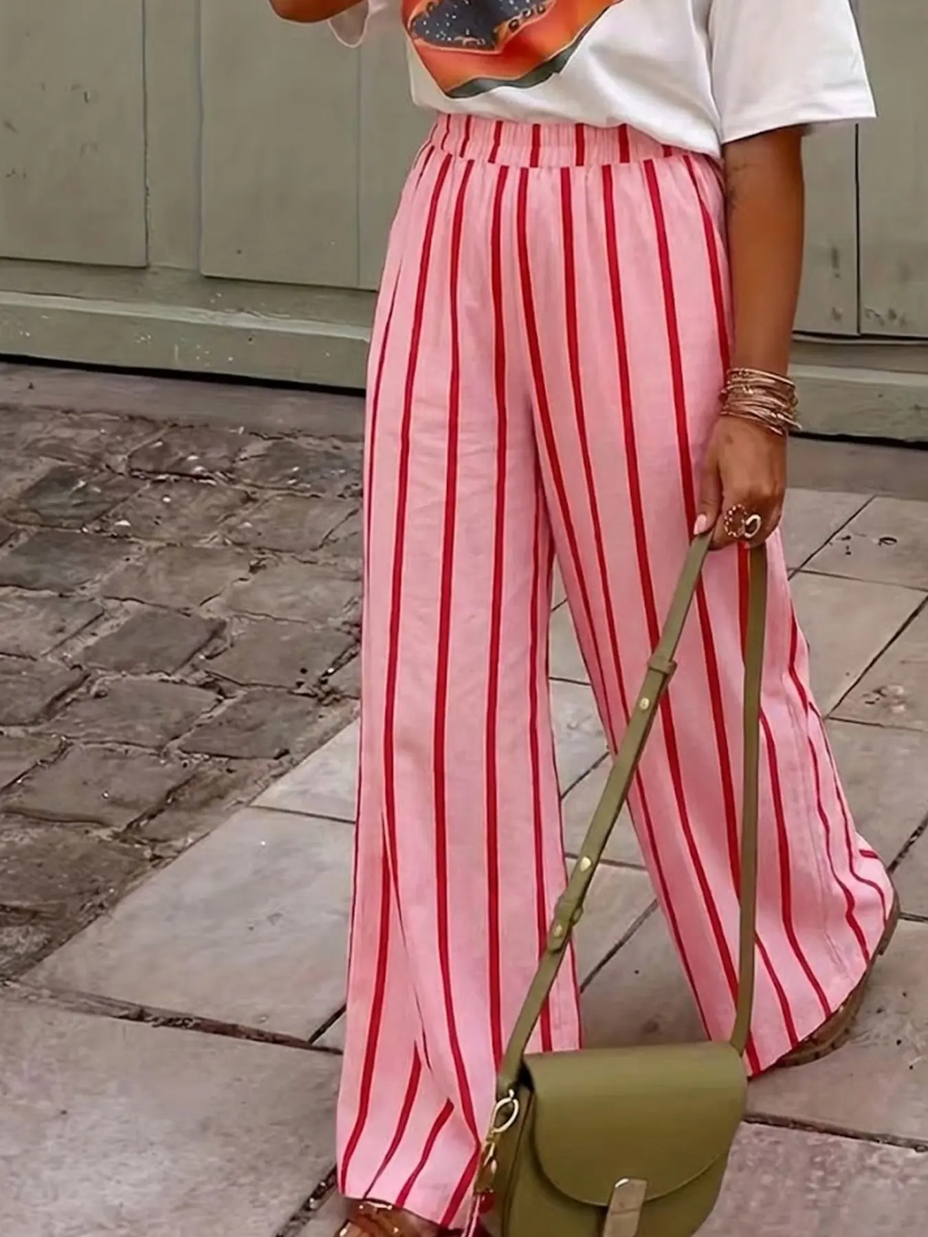 Women's Pink Striped Wide-Leg Pants—Casual Summer Sweatpants with an Elastic Waistband, Casual Streetwear Trousers, Perfect for Daily Outings and Vacation We
