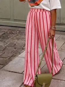 Women's Long Pants, Streetwear Hip Hop Rap School Youth Holiday Casual Fashion, Loose Fit Drawstring Waist Striped Net Color Comfortable	