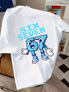 Fashion Boys Versatile Short Sleeve,#67 Six Seven  Creative Blue Number Pattern Design, Casual Short Sleeve T-Shirt, Outdoor Wear, Cool Boy Fashion Tee