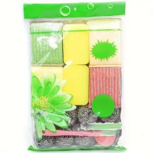 19pcs/Set Kitchen Cleaning Set, Stainless Steel Wire Ball, Dishwashing Sponge, Random Color
