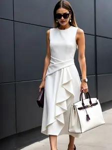 Women's Slimming Sleeveless Midi Dress, Waist Cinched Pleated Skirt, Office Workwear Party Wear Formal Wear, Elegant Career