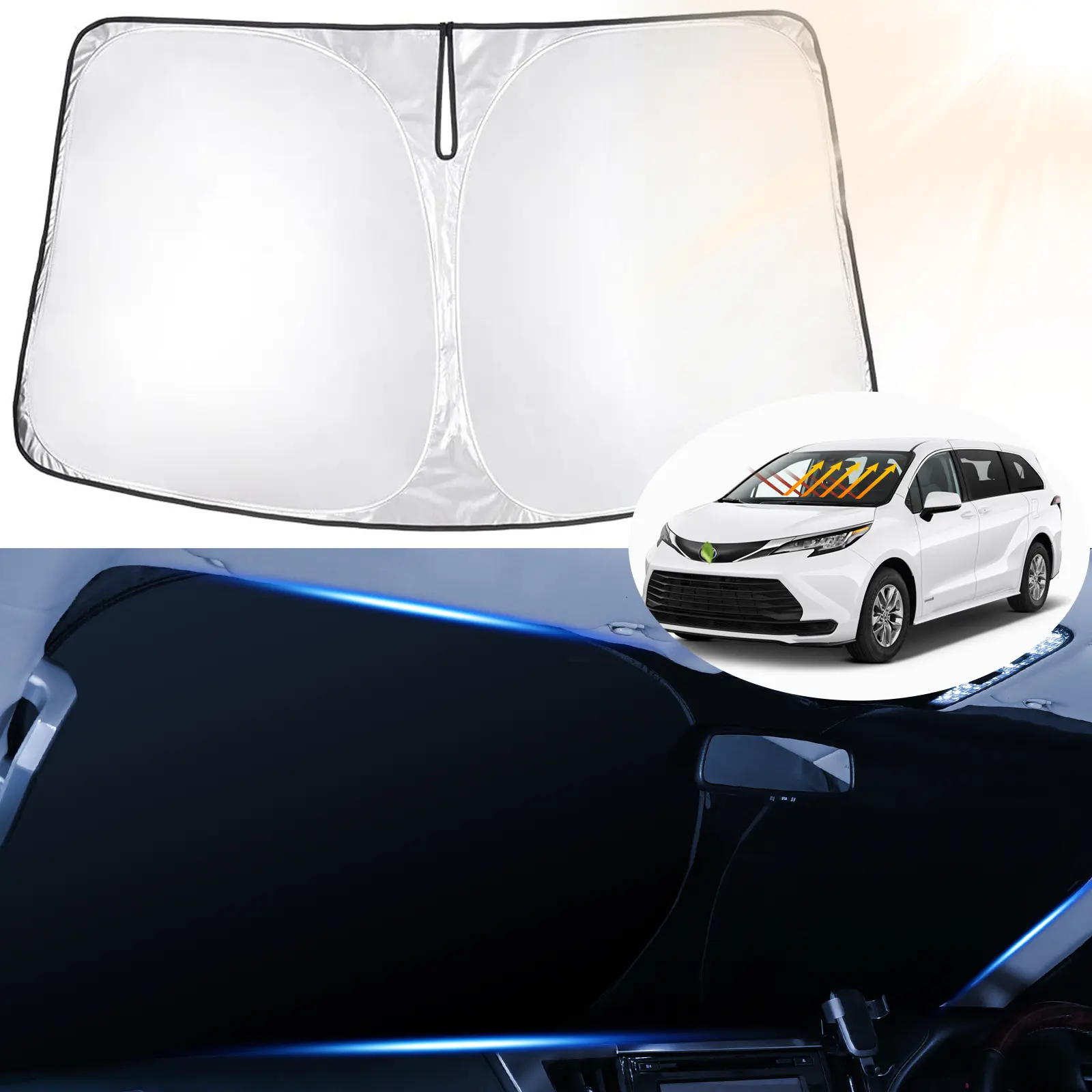 Canvcle Custom Fit Automotive Car Windshield Sunshade for Toyota Sienna 2011-2026, Foldable 240T 5-Layer UV Protective Full Coverage Windshield Shade, Heat Blocking Car Exterior Accessory Blocking 99% UV Rays