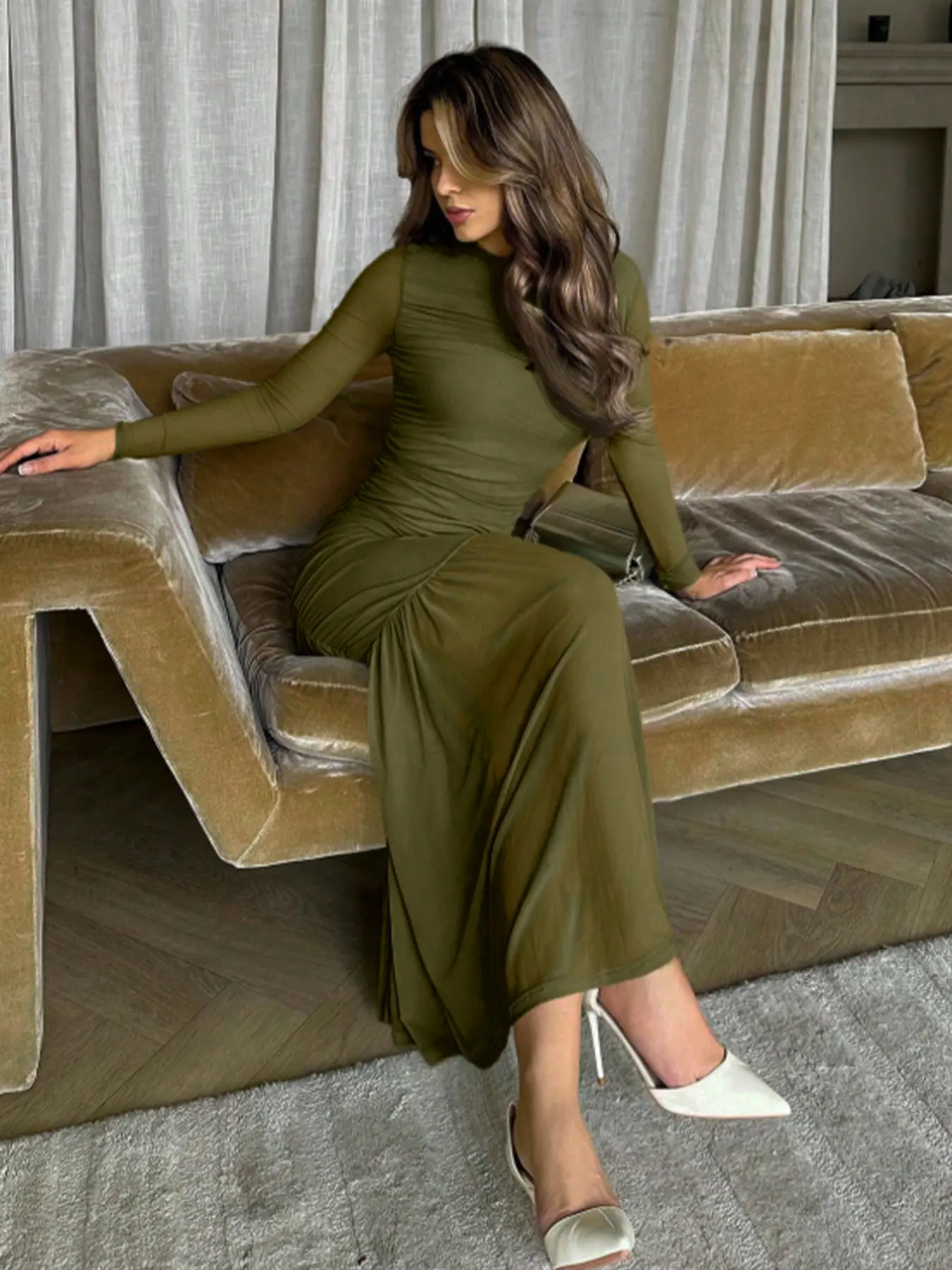 Women's Y2K Dress, Elegant Party Long Sleeve Spring Fall Round Neck Slim Fit Fashion Solid Color Long Dress, Casual Dress for Daily Wear Womenswear Summer Basic Elegant Longsleeves Dress Chic Trendy Dress