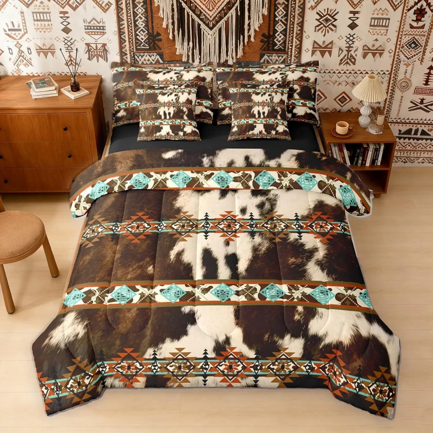 Feelyou 7-Piece Queen Quilt Set - Home Bedding Set with Brown Cowhide Western Decor, Cow Print Decorative Bedsheets, Exotic Tribe Diamond Aztec Design, Farm Animal Bull Themed Bedroom Gift