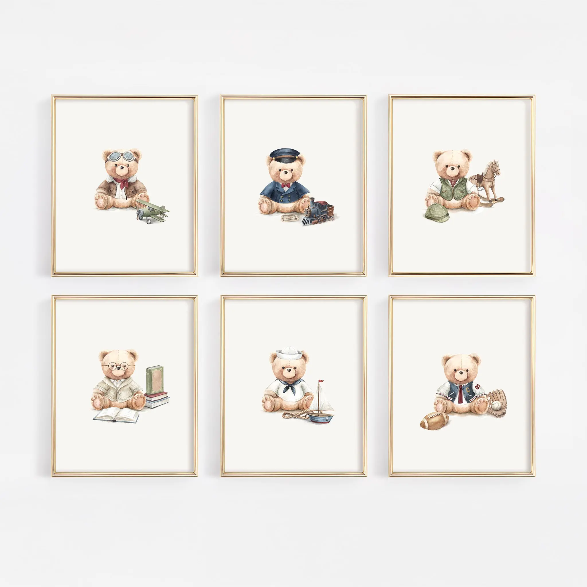 Heritage Teddy Bear Nursery Wall Art Prints – Set of 6 | Unframed 8x10 Watercolors