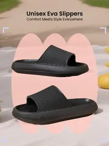 Black Thick Sole EVA Slides for Men & Women, Ultra Soft Cushion Slippers, Non-Slip Breathable for Home, Beach, Pool & Daily Walk