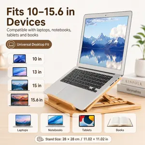 Wooden Laptop Stand for Desk & Wood - Style Laptop Stand, Foldable and Adjustable Ergonomic Notebook, Book, Phone & Tablet Stand, 6 - Gear Angle Adjustment, Bamboo Foldable Laptop Stand Holder Cooling for 10-15.6 Inch