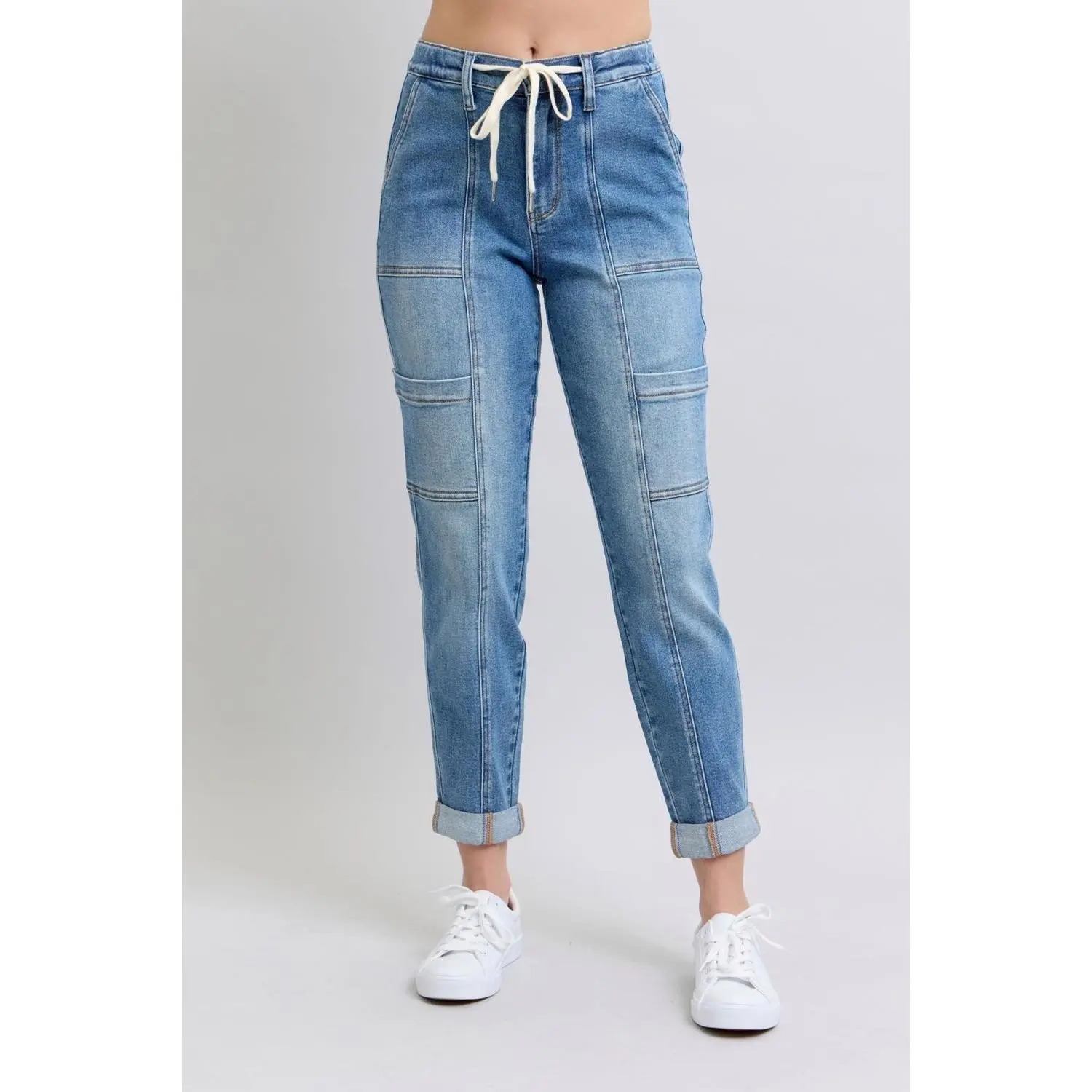 Judy Blue Women's High Waist Cargo Jogger Jeans, Relaxed Fit in Soft Stretch Spandex Denim with Sporty Cuffed Ankles, Trend, Streetwear, Vibe, Bottom, Cotton, Pockets, Pants, Style, Polyester, Comfy Ootd