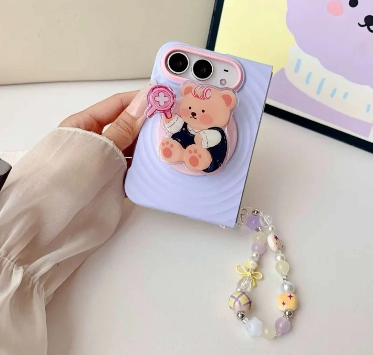 Pink-Purple Ripple Texture Magnetic Foldable iPhone Duo Case, Skin-Feel Matte Finish, Drop-Resistant Shell with Cartoon Stand, Double-Sided Flip Protective Cover for Apple Duo Protection Smartphones