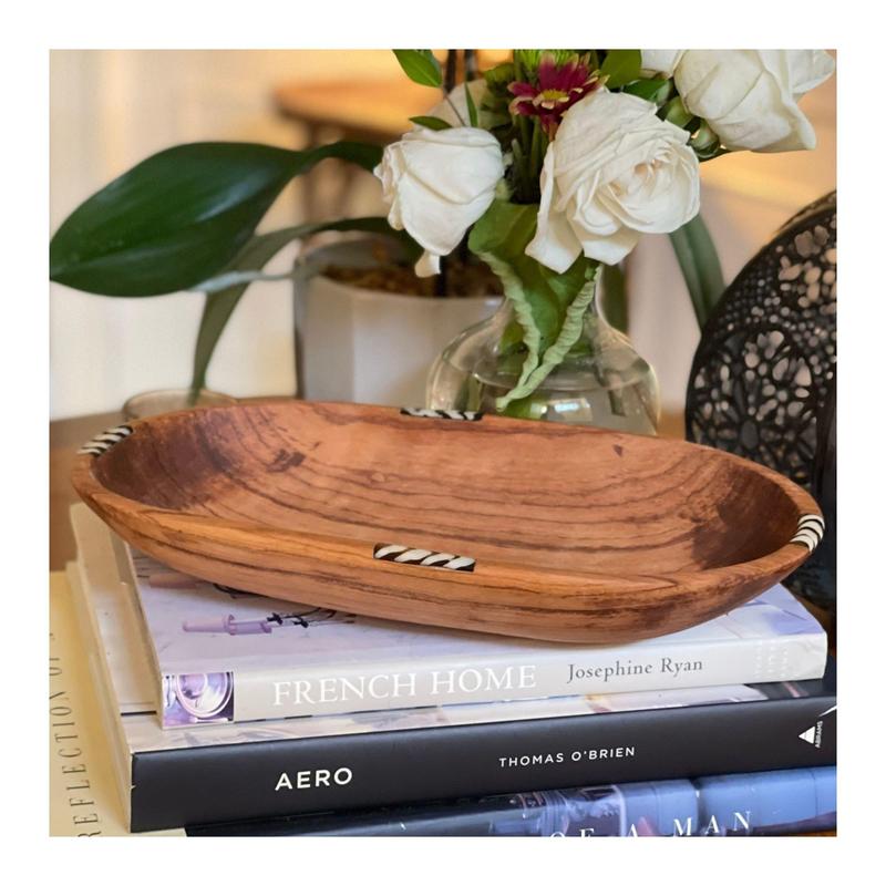 Global Crafts XL Oval Olive Wood Bowl with BoneInlay Accent