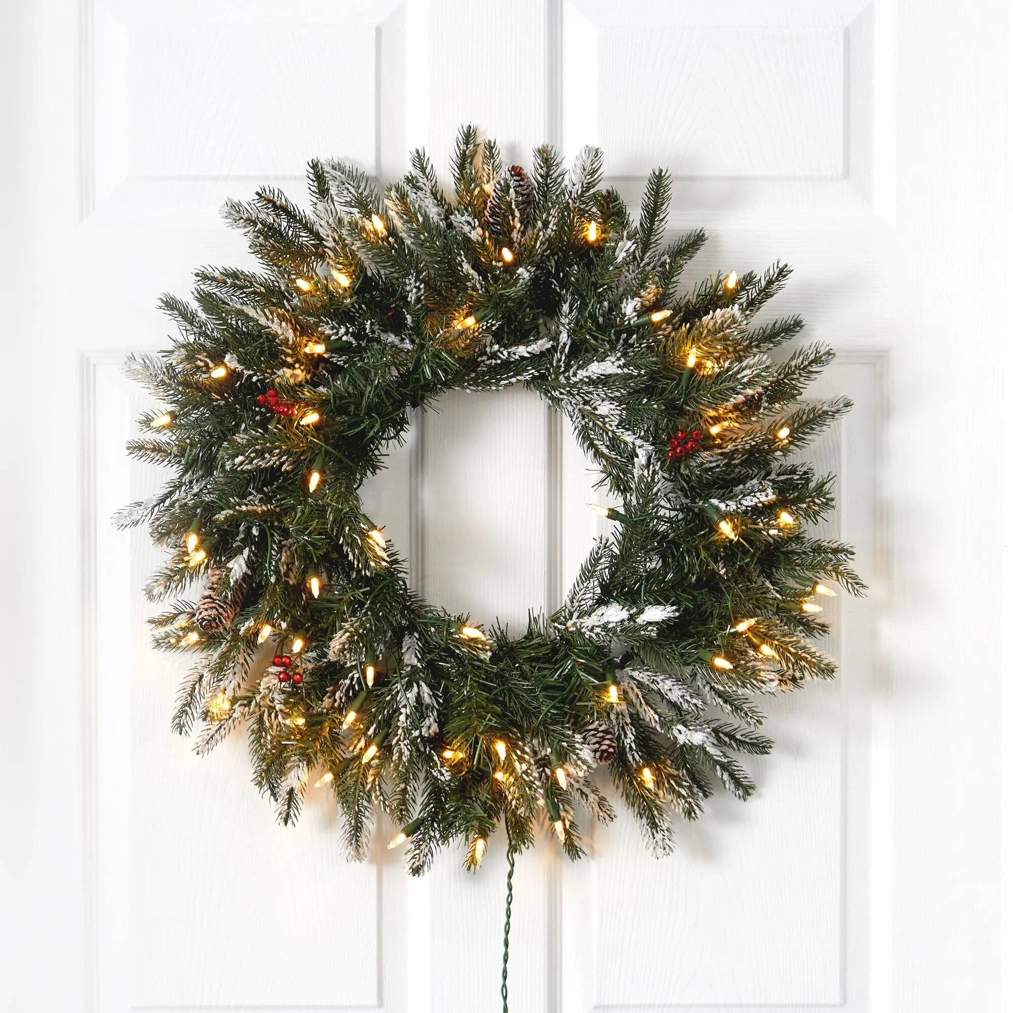 24in Synthetic Artificial Leaves Wreath Decoration - 50 Warm White LED Lights, Pine Cones, Ornaments - Festive Front Door Decor, Wall Hanging for Home & Festive Party Supplies (Garlands & Swags Collection)