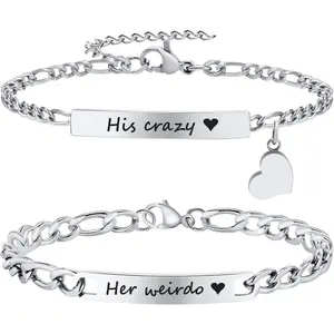 Personalized Matching Bracelet for Couple - Free Engraving Custom Couples Bracelets, Adjustable Stainless Steel Long Distance Relationship ,Promise Bracelet Gifts for Him and Her
