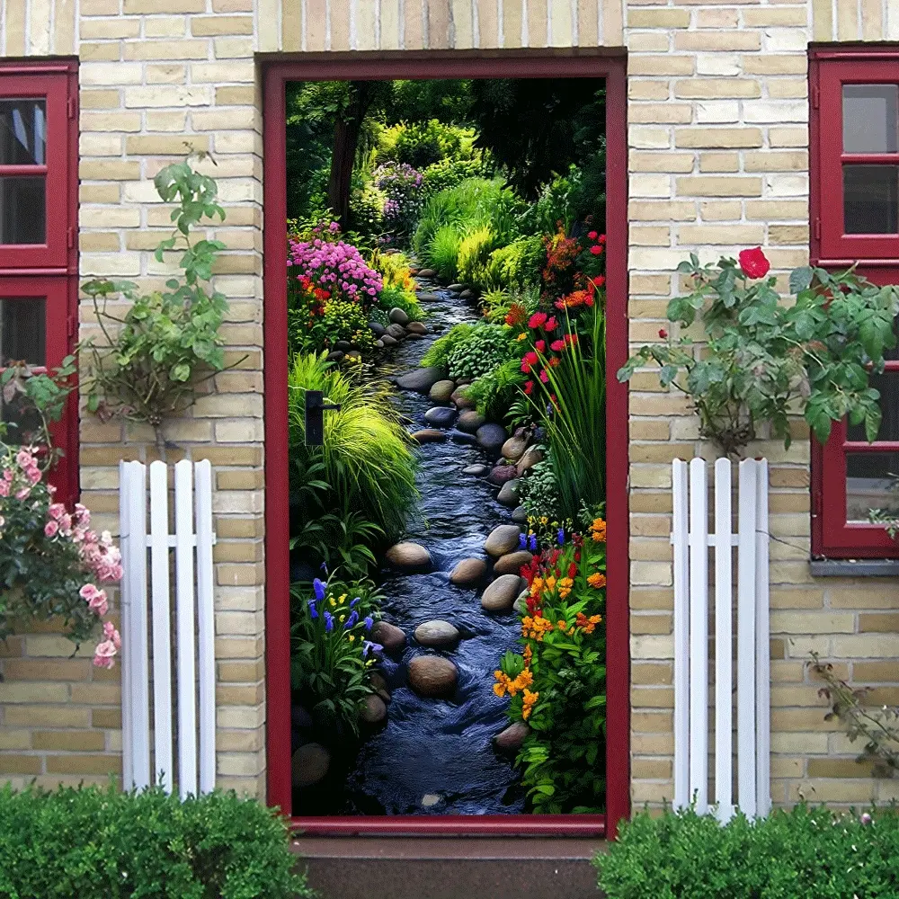 2pcs Natural Garden Stream Wall Stickers Stereo Landscape Decals Self Adhesive Waterproof Removable Living Room Bedroom Wall Art Decor Home Decorative Stickers Nature Scenery Decor