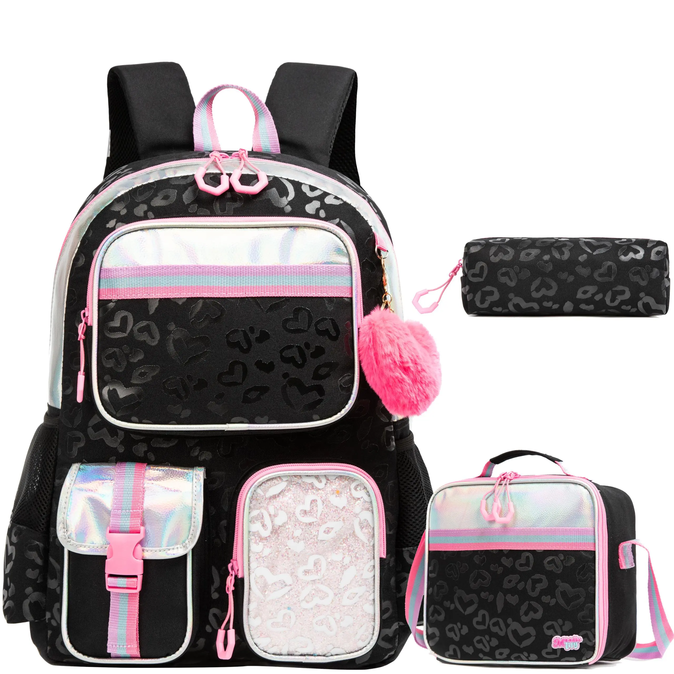 Black Heart Leopard Print Backpack Set for Girls – 3 Piece Kids School Bag with Lunch Bag & Pencil Case – Holographic Glitter Backpack lover adventure travel backpack