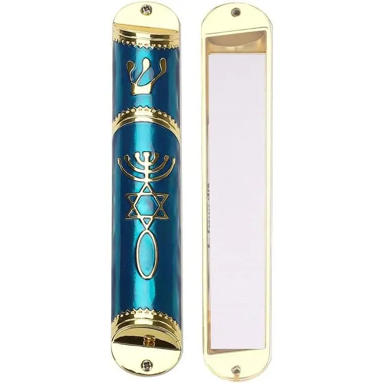 Acrylic Solid Mezuzah Case - 5.5" Tall Blue & Gold Jewish Wall Hanging Home Decor Cover, Zinc Alloy Wall-Mounted Religious Home Supply with Easy Peel-Stick Double-Sided Tape (Fits 4.3" Scroll), Jewish Decor, Peel Off, One-Piece